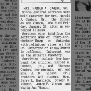 Obituary for Harold A Jo Ann CMBRE SR