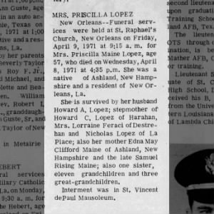 Priscilla Ruth Maine Lopez obituary