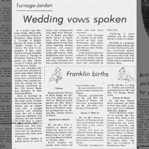Ollie "Buddy" Jordan, Jr. & Geneva L. Turnage Wedding announcement. 04/06/1977 The Franklin Sun