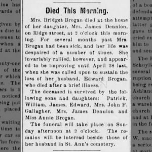Bridget O'Donnell Brogan obituary, 5/10/1901