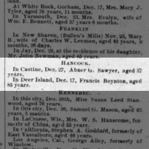 Death of Abner Sawyer 12/27/1890