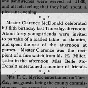 Clarence McDonald 5th birthday
Pioneer Express 02/28/1902