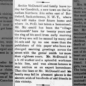 Archie McDonald family leaves for Goodrich 
Pioneer Express Pembina ND 05/12/1905