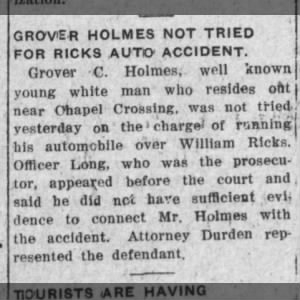Grover Holmes Not Tried for Ricks Auto Accident