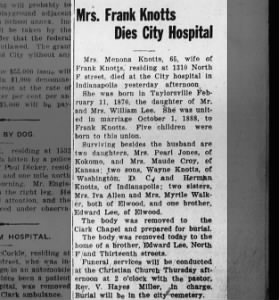 Mrs. Frank Knotts Dies City Hospital