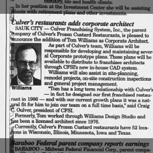 Williams, Tom  Culver's Corporate Architect July 25, 1997  Baraboo News Republic
