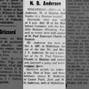 Obituary for N. B. Anderson