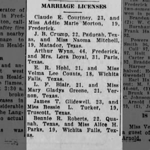 Marriage between James T. Glidewell and Bessie L Tucker. 