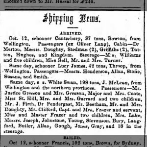 Shipping News - Wellington to Lyttleton 1858