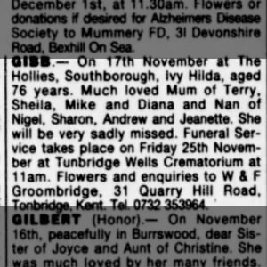Obituary for Hollies Southborough Ivy GIBB