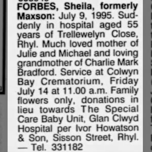 Obituary for Sheila FORBES