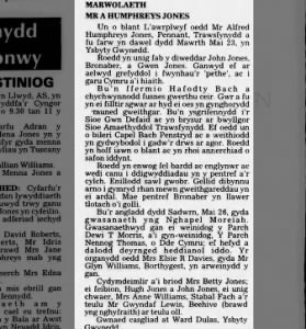 Alfred H. Jones of Trawsfynydd Obituary 1995
