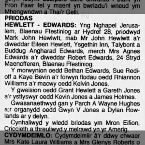 Marriage Mark J. Hewlett= Buddug Edwards at Blaenau Ffestiniog 1995