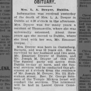 Obituary for Mrs. L. A. Dreyer