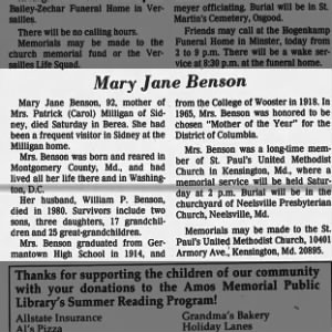 Obituary for Mary Jane Benson