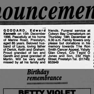 Obituary for Edward GODDARD Kenneth