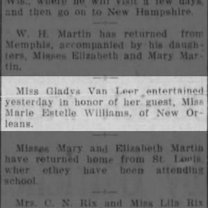 Miss Gladys Van Leer and guest, Miss Marie Estelle Williams, of New Orleans
