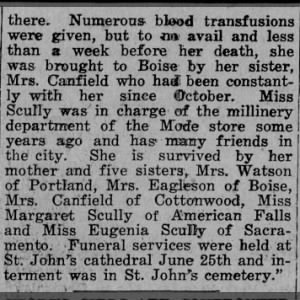 Scully, Mary obit 1921-7-7 ID Moscow Daily Star-Mirror p 4 col 2 cont'd