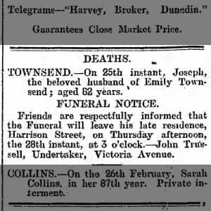 Death & Funeral Notice of Joseph TOWNSEND Feb 1901. 