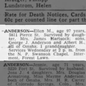 Ellen Anderson obit, Evening World-Herald (Omaha NE), Tue, 11 Mar 1958