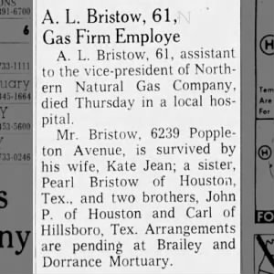 Abnal Bristow obit, Evening World-Herald (Omaha NE), Thu, 2 Apr 1964