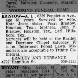 Abnal Bristow obit, Evening World-Herald (Omaha NE), Fri, 3 Apr 1964