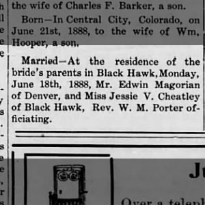 Wedding announcement for Edwin Magorian And Jessie V Cheatley 18 June 1888