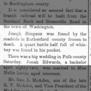 189Mar18 Joseph Simpson was found by the roadside in Rutherford county frozen to death.