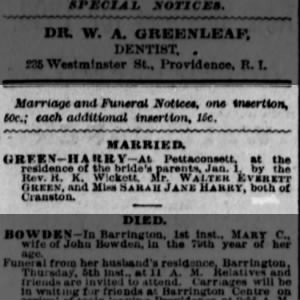Wickett, RK Rev Green-Harry Marriage 3 Jan 1893