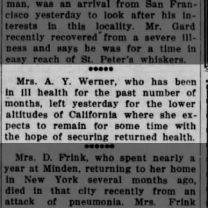 Jennie Eliza Werner
ill health 
Record Courier 6/22/1923
