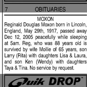 Obituary for Reginald Douglas MOXON