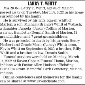 Obituary for LARRY T. WHITT