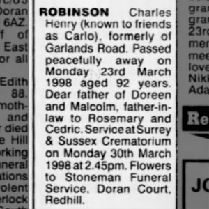 Obituary for Charles ROBINSON Henry