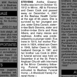 Obituary for Aretha STEVENS Eleanor