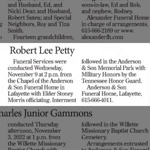 Obituary for Robert Lee Petty