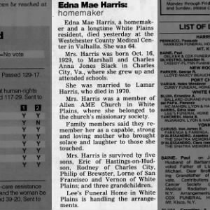 Edna Mae [Black] Harris obit 3 Jul 1994 Mount Vernon Argus