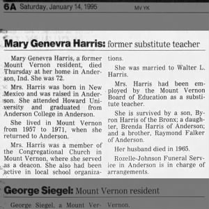 Falker-Harris Mary Genevra Obituary Mount Vernon Indiana Mount Vernon Argus 1995-01-14