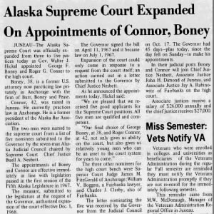Alaska Supreme Court Expanded On Appointments of Connor, Boney