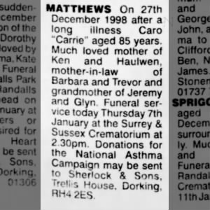 Obituary for Caro MATTHEWS
