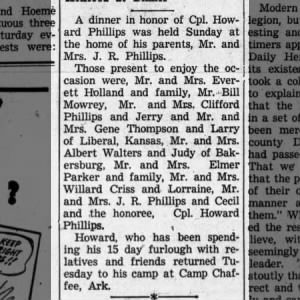 William Mowrey at dinner for Cpl Howard Phillips