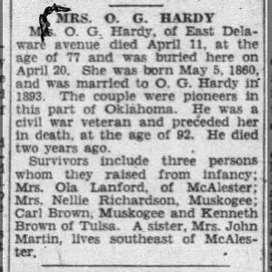 Mrs. O. G. Hardy-Caldonia Obituary, 1937