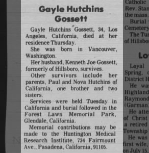 Gayle Elaine (Hutchins) Gossett 1954 - 1989 Obituary