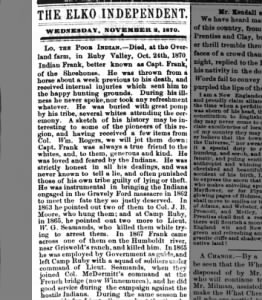 2 Nov 1870 French Bridge (Winnemucca) Indian Frank's death pt 1
