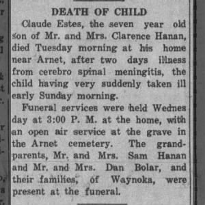 Death of Claude Estes Hanam