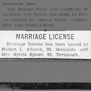 Marriage License issued for Robert Adcock and Sylvia Spicer