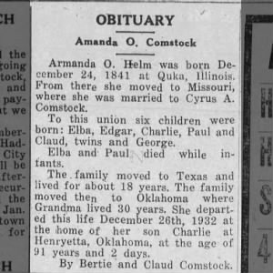 Obituary for Amanda O Comstock