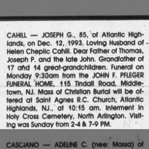 Obituary for JOSEPH G CAHILL
