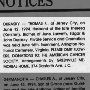 Thomas F Durasky Private Service 16 June 1994