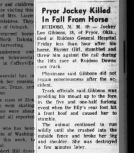 Pryor Jockey Killed In Fall From Horse 
Elmer Leo Gibbons