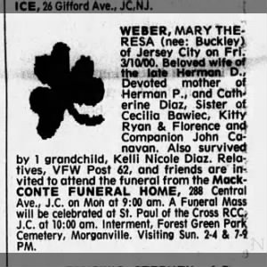 Obituary for MARY THERESA WEBER